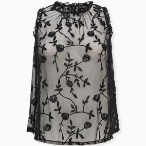 Torrid Black Sheer Mesh Embroidered Ruffle Sleeveless Top - SZ 00 / 10